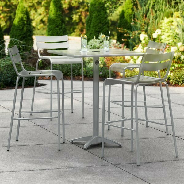 Lancaster Table & Seating Silver Aluminum Bar Table 32''x 32'' with Umbrella Hole + 4 Barstools 4273232TBU4S